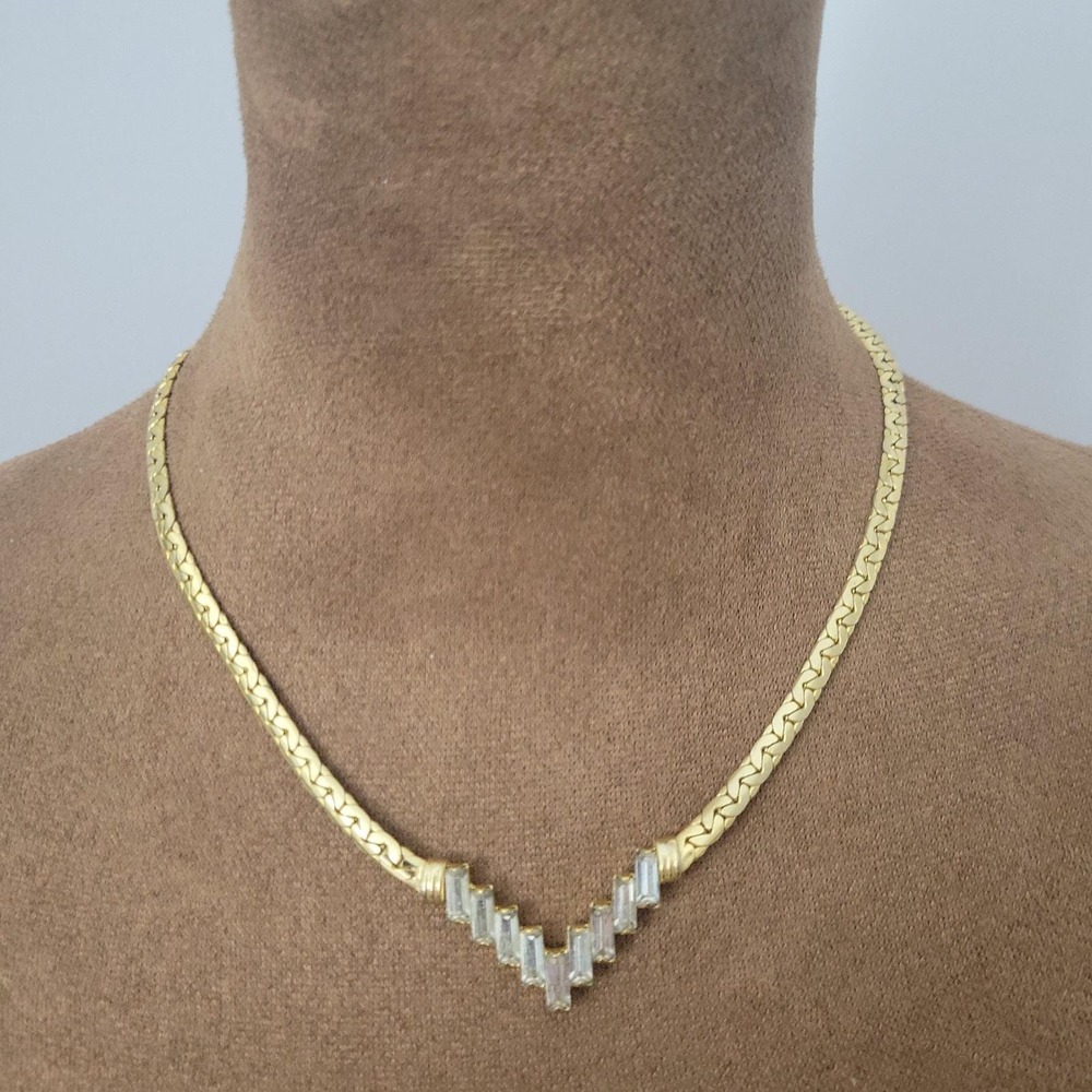 Vintage Gold Tone Baguette Rhinestone Chevron Necklace 16 Inch Glam